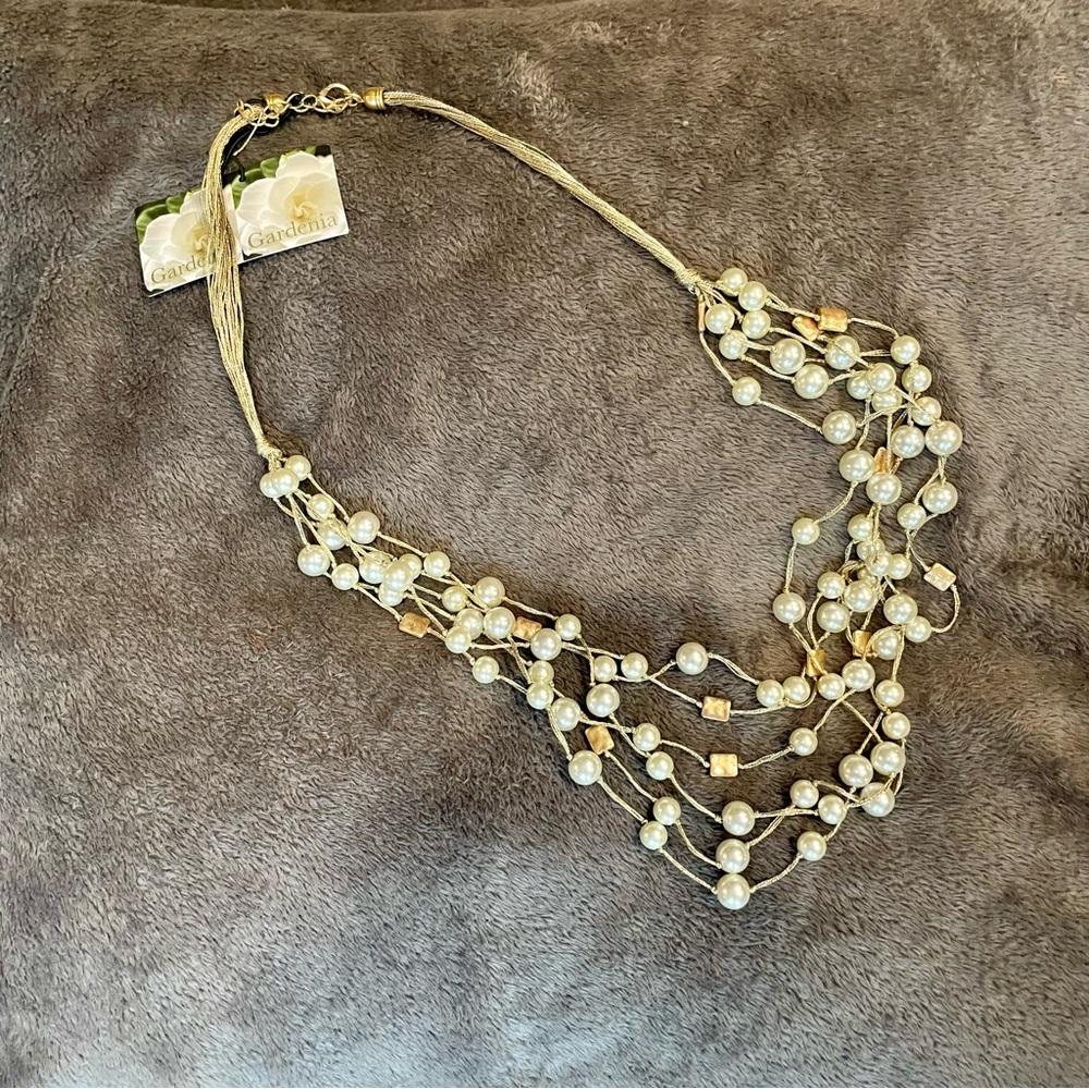 Gardenia White Glass Pearl and Gold Multistrand Cluster Necklace